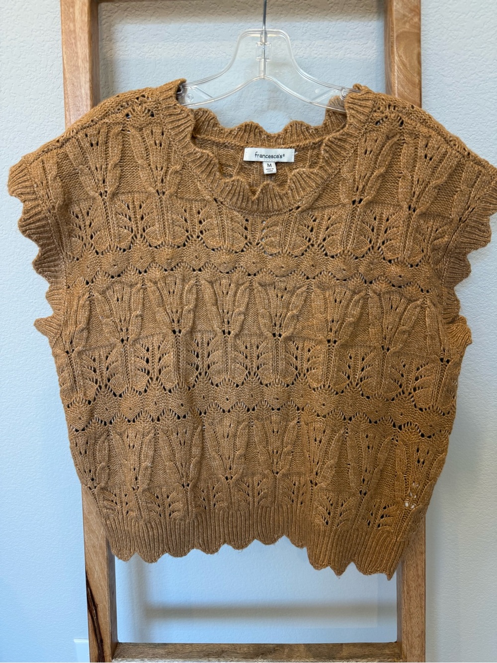 francesca's Caramel Brown Openwork Knit Sleeveless Top